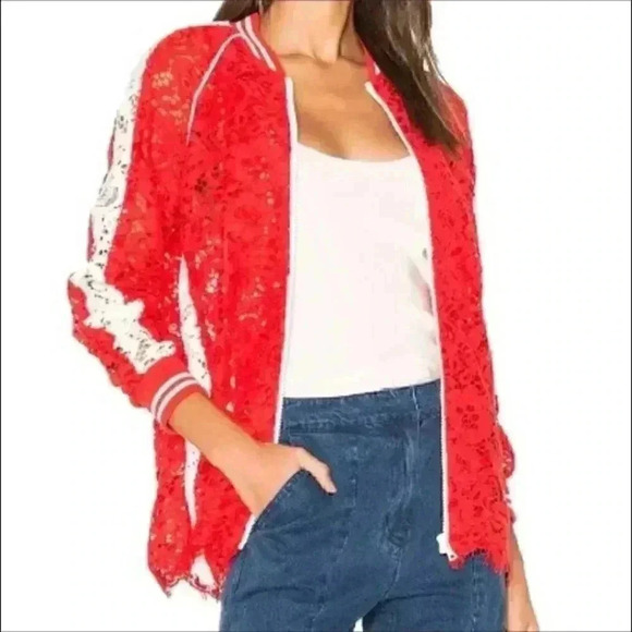 Goen.J ruby red white lace bomber jacket in size 4 - Picture 1 of 9
